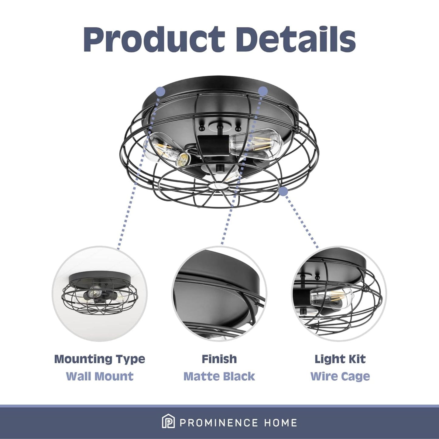 Prominence Home Lincoln Woods 15" Flush Ceiling Mount Light with Cage, Black