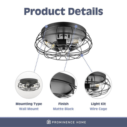 Prominence Home Lincoln Woods 15" Flush Ceiling Mount Light with Cage, Black
