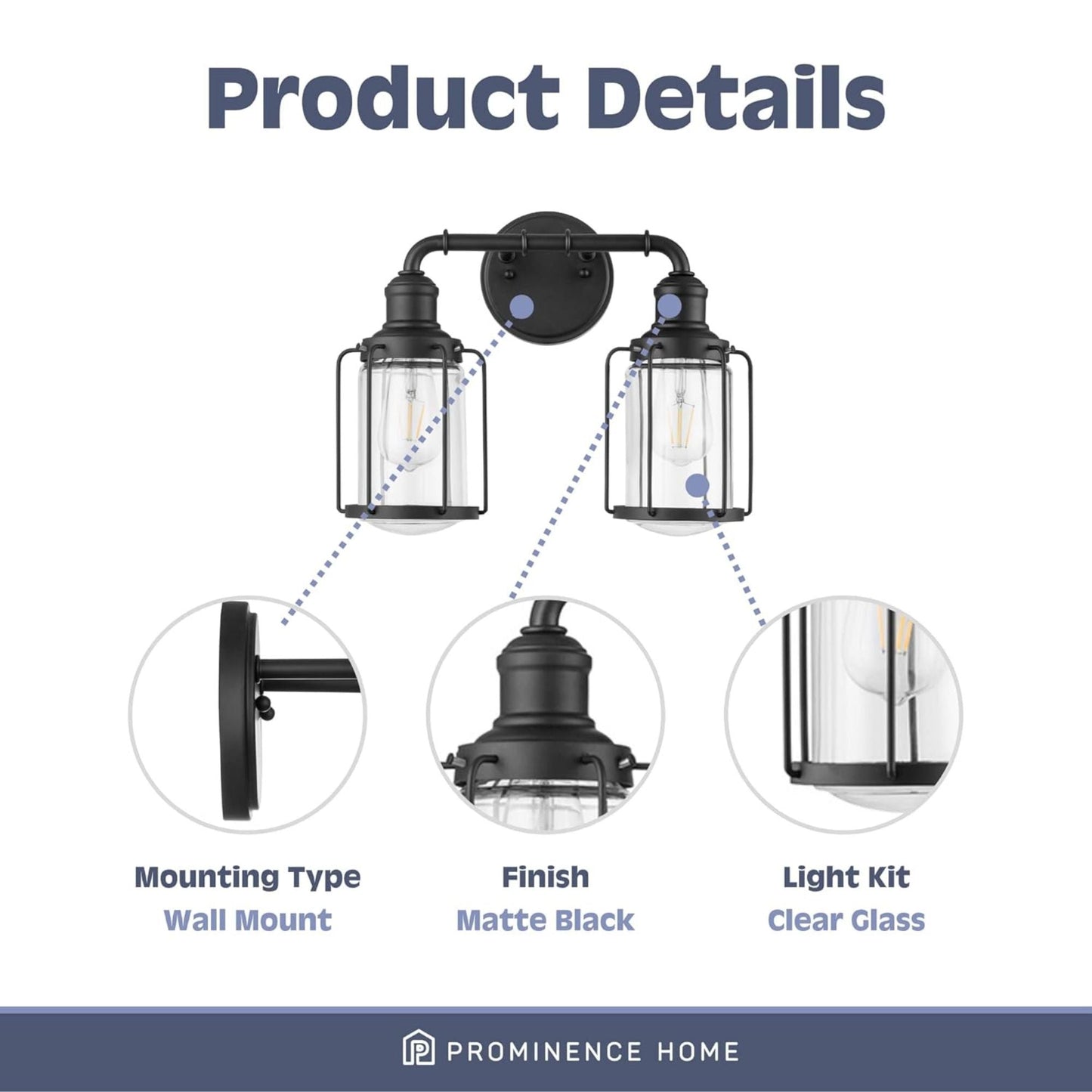 Prominence Home Lincoln Woods 2 Light Industrial Bathroom Vanity Light, Black