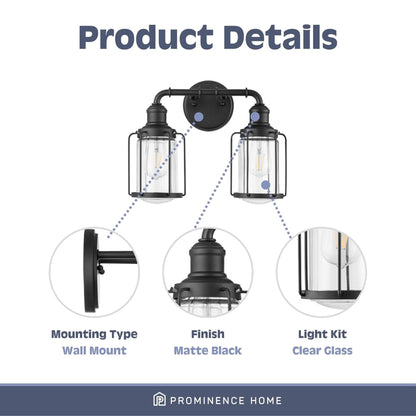 Prominence Home Lincoln Woods 2 Light Industrial Bathroom Vanity Light, Black