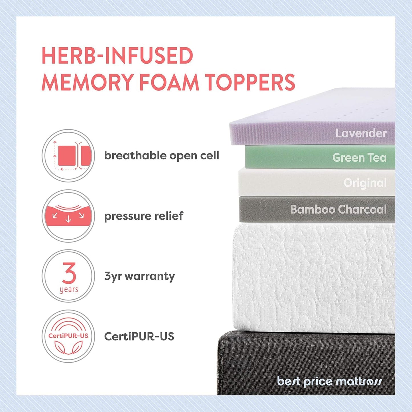 Best Price Mattress 2.5-Inch Ventilated Memory Foam Mattress Topper, Short Queen