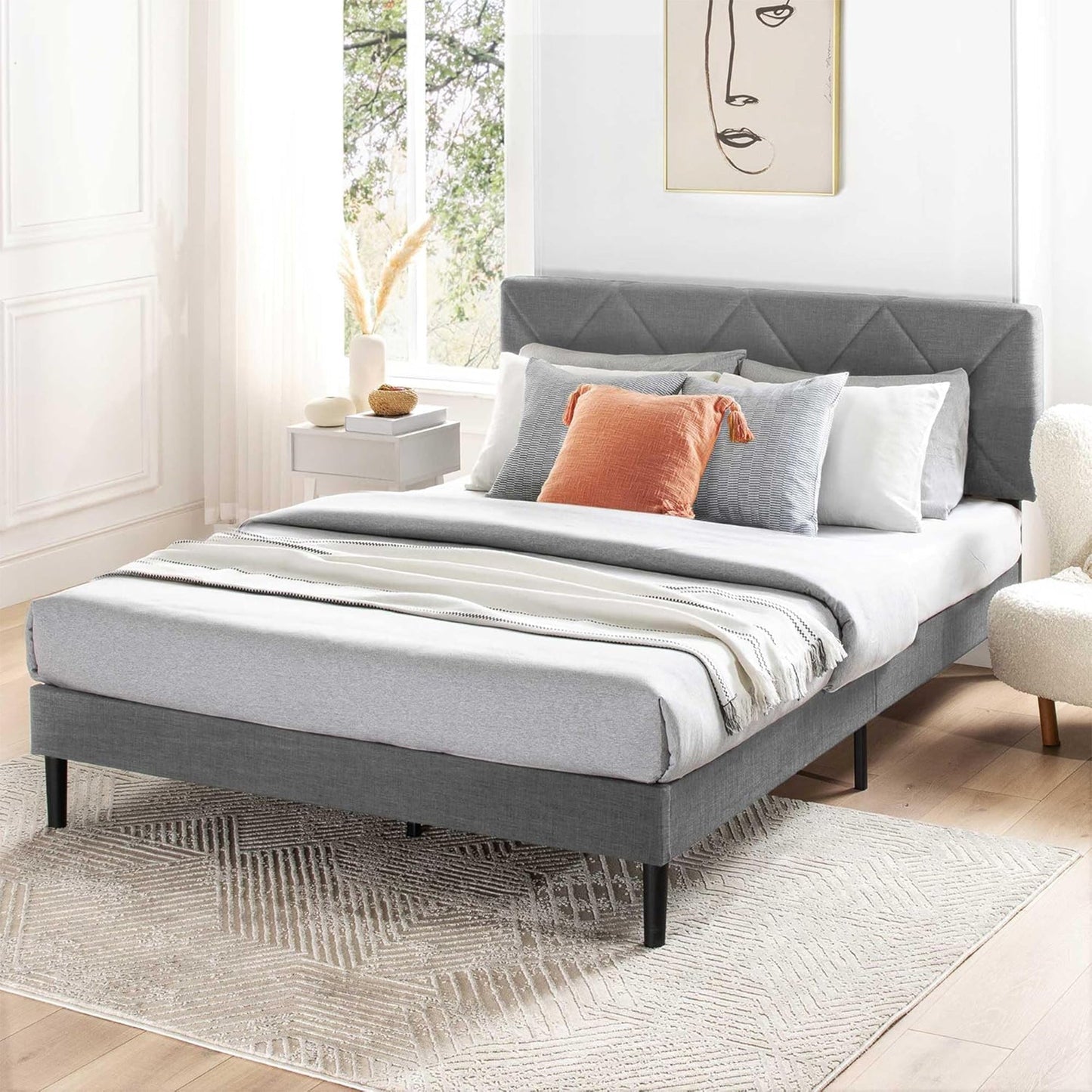 Mellow Olena Upholstered Platform Bed Frame with Diamond Tufted Headboard, Queen