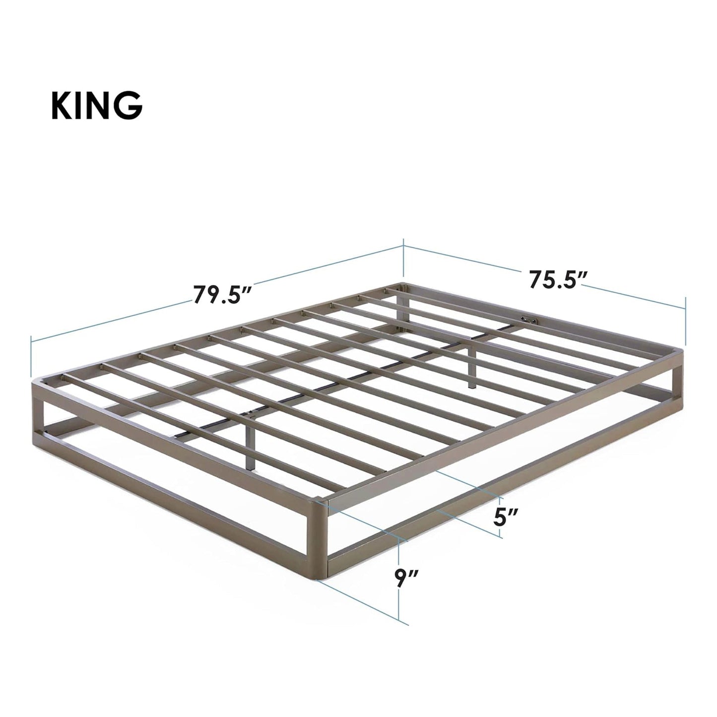 Mellow 9-Inch Metal Platform Bed Frame with Mattress Foundation, King, Gray