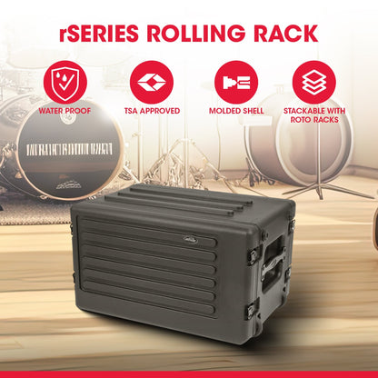 SKB 6U rSeries Shallow Rolling Rack with Integrated Back Wheels and Pull Handle