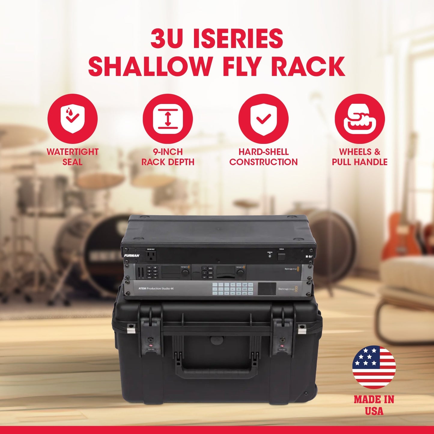 SKB iSeries 3U Shallow Fly Rack, Waterproof Polypropylene Hard Case, 9 Inch