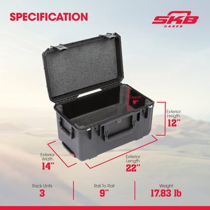 SKB iSeries 3U Shallow Fly Rack, Waterproof Polypropylene Hard Case, 9 Inch