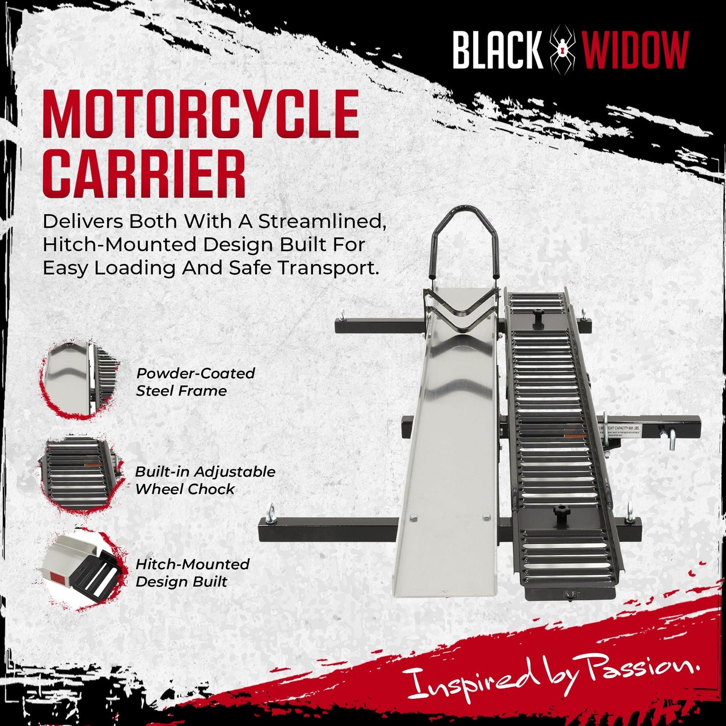 Black Widow Heavy Duty Hitch Mount Motorcycle Carrier, Steel Track & Ramp, Black - Find Fresh Goods