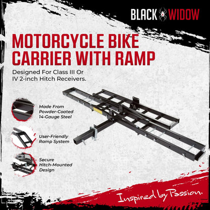 Black Widow Motorcycle Bike Carrier with Ramp for 2" Hitch, 500 Pound Capacity - Find Fresh Goods