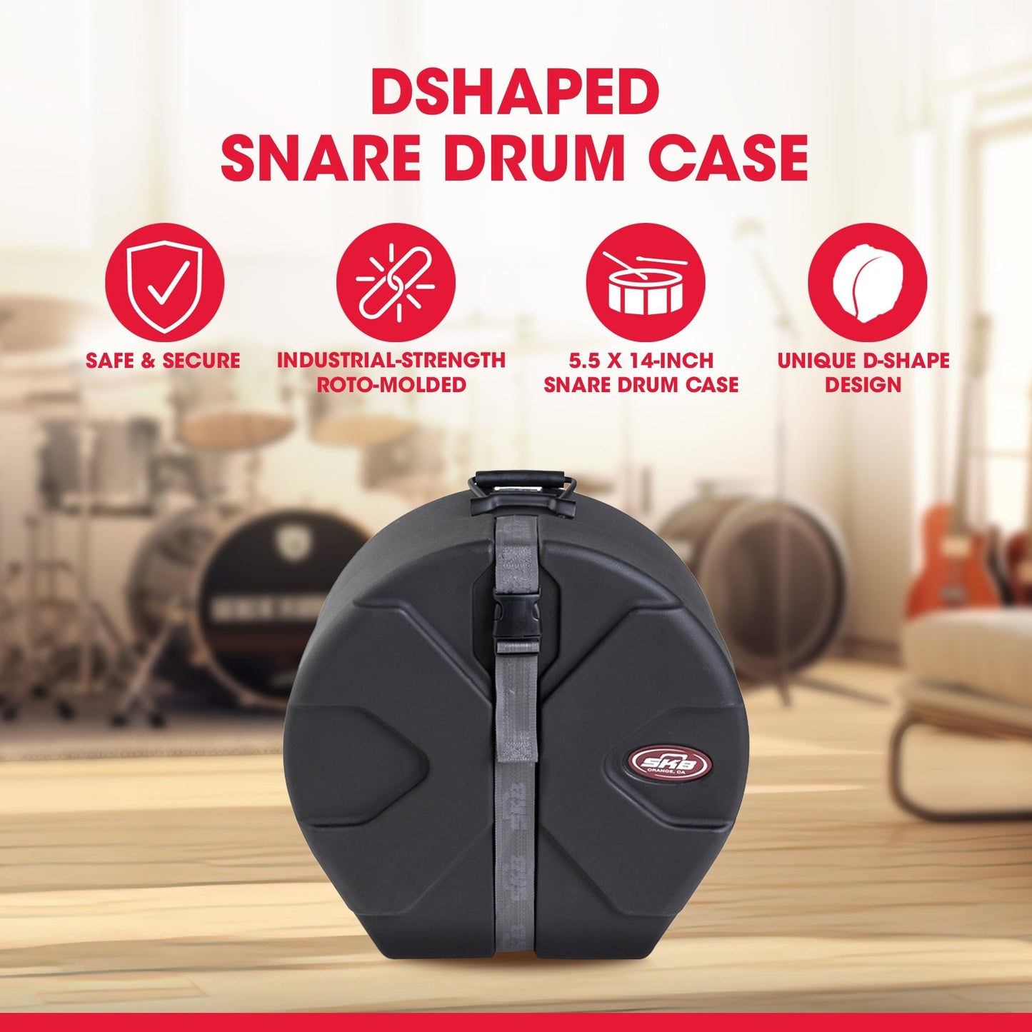 SKB 5.5" x 14" Snare Case with Padded Interior and D-Shaped Drum Design