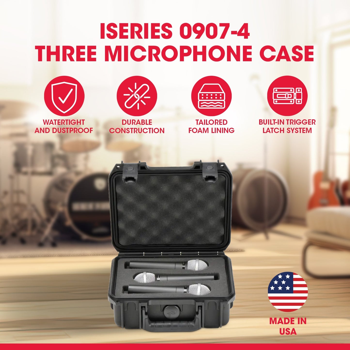 SKB Microphone Hard Case, Polypropylene Shell with 3-Slot Foam Interior, Black