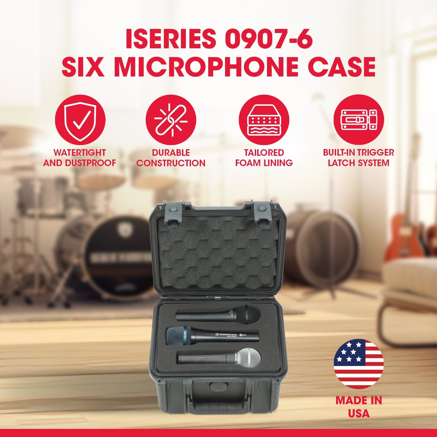 SKB Microphone Hard Case, Polypropylene Shell with 6-Slot Foam Interior, Black