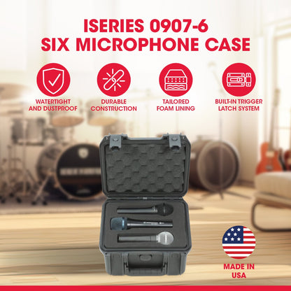 SKB Microphone Hard Case, Polypropylene Shell with 6-Slot Foam Interior, Black