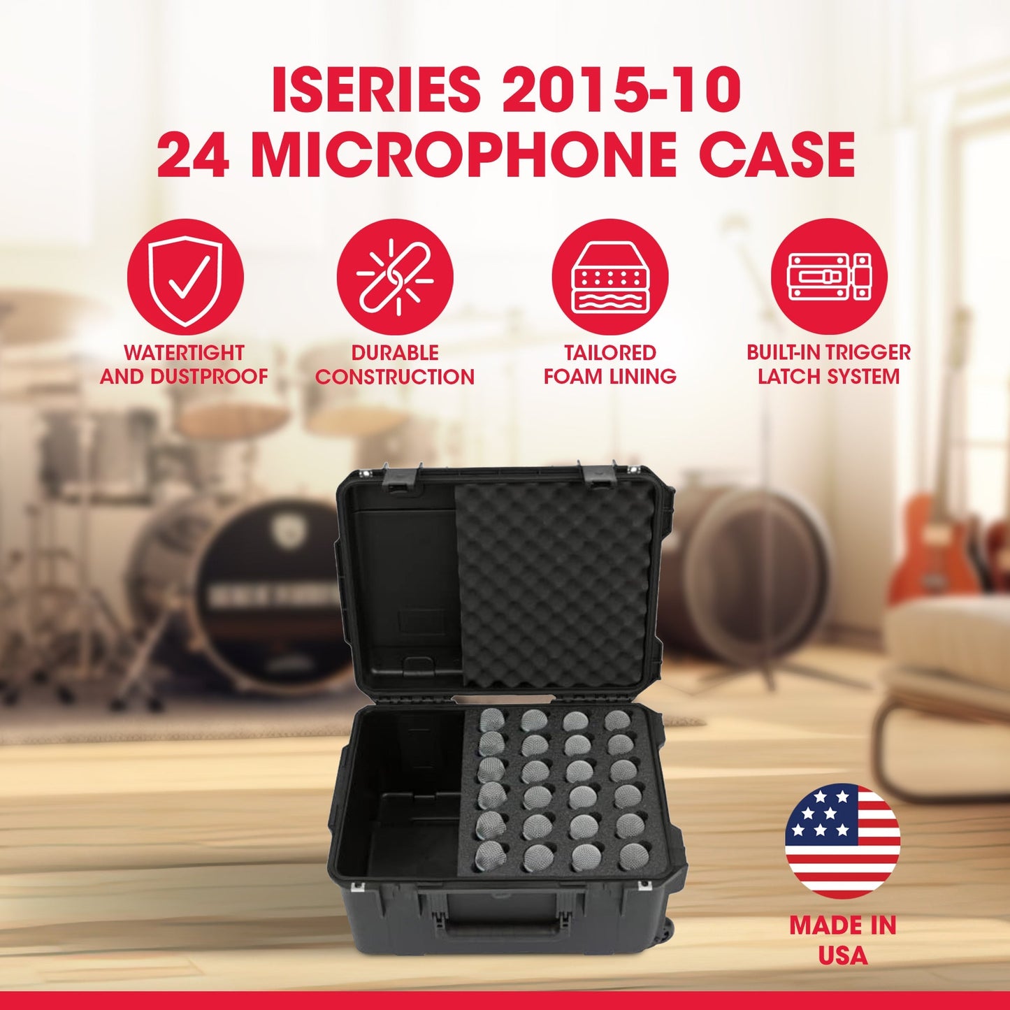 SKB Microphone Hard Case, 24-Slot Foam Interior with Cable Storage and Wheels