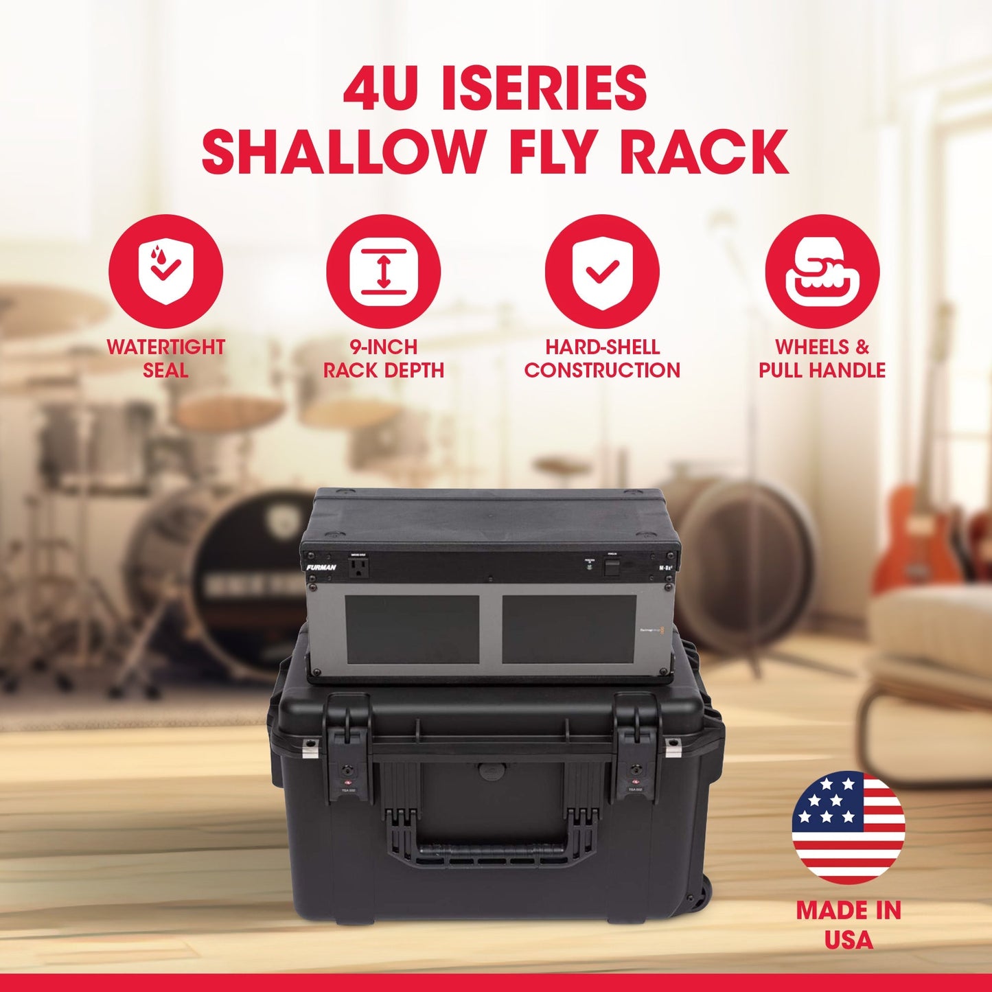 SKB iSeries 4U Shallow Fly Rack, Waterproof Polypropylene Hard Case, 9 Inch