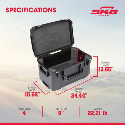 SKB iSeries 4U Shallow Fly Rack, Waterproof Polypropylene Hard Case, 9 Inch