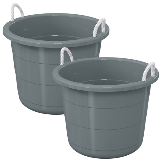 Life Story 17 Gal Plastic Storage Open Top Bucket with Rope Handles, Gray, 2 Pk