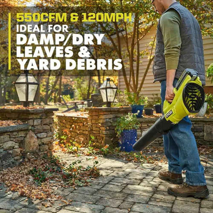 RYOBI 40-Volt Lithium-Ion Cordless Variable-Speed 120 MPH 550 CFM Leaf Blower (Tool-Only); Battery and Charger Not Included, Green, RY40LB01B
