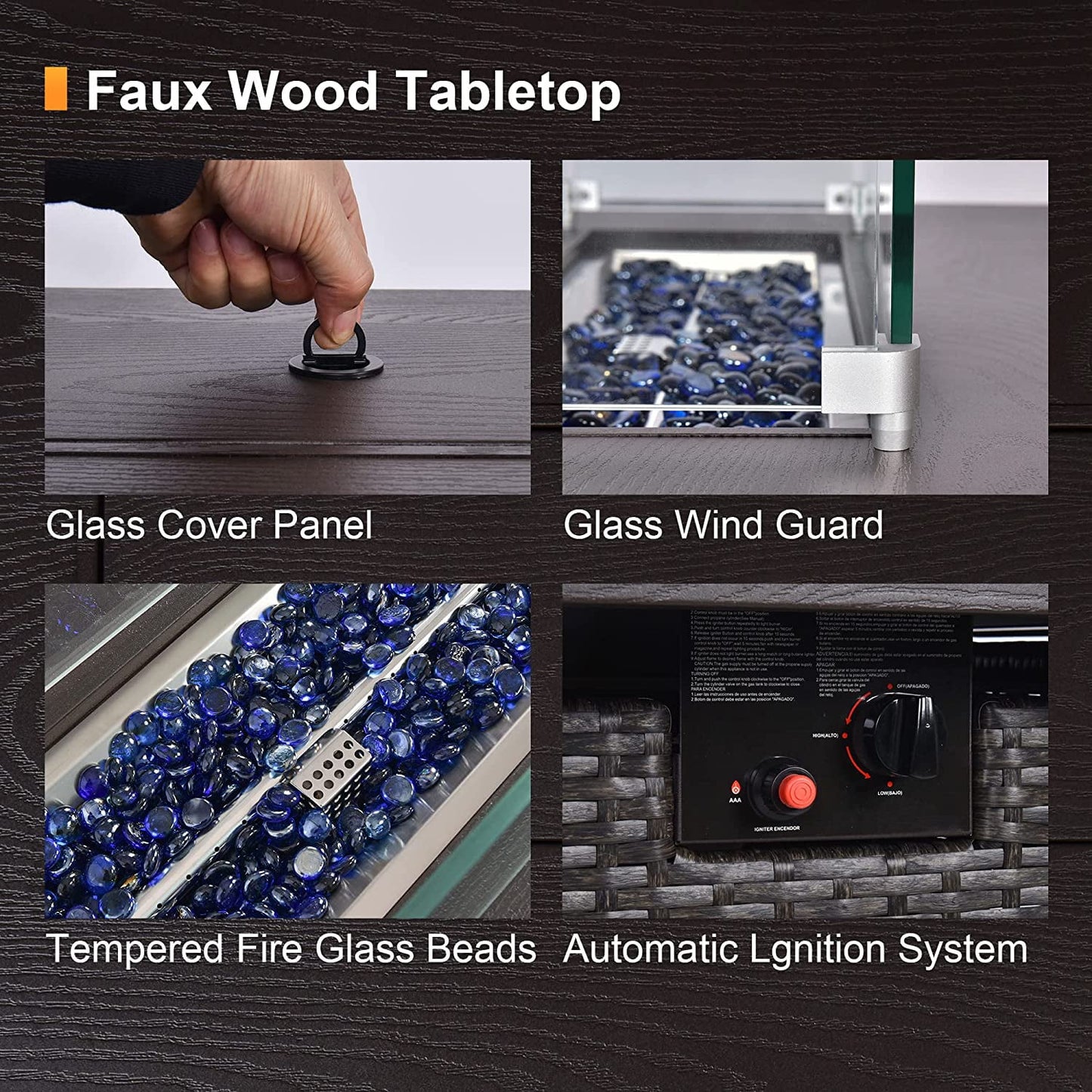 Phonjoroo Fire Pit Table 42 in Outdoor Propane Gas Fire Pit for Outside 50,000 BTU Auto-Ignition Gas Firepit Outdoor Rattan Table with Glass Wind Guard and Cover