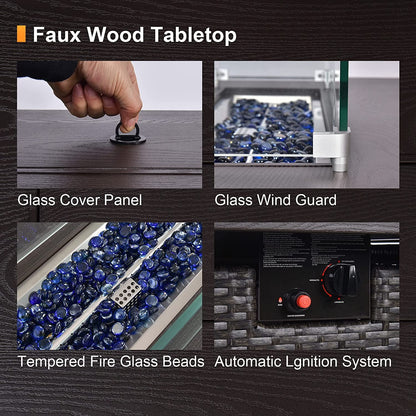 Phonjoroo Fire Pit Table 42 in Outdoor Propane Gas Fire Pit for Outside 50,000 BTU Auto-Ignition Gas Firepit Outdoor Rattan Table with Glass Wind Guard and Cover