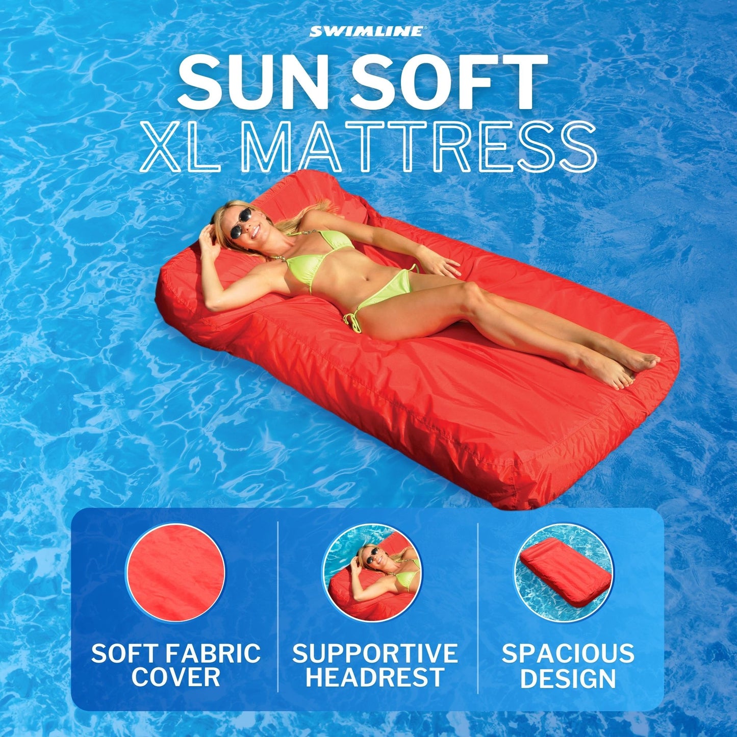 Solstice Sunsoft Fabric Covered Oversized Inflatable Water Mattress Island, Red