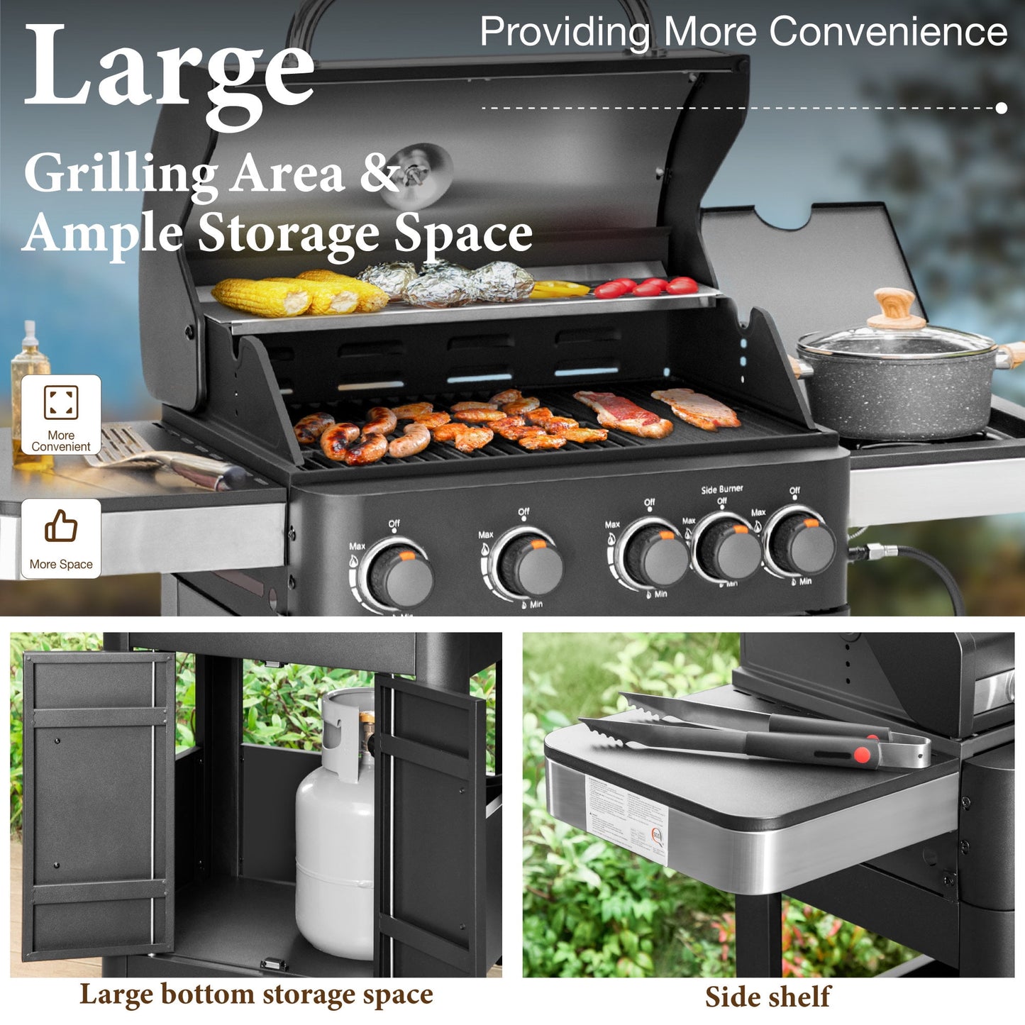 Summit Living 4 Burner Propane Gas Grill and Griddle Combo with Side Burner BBQ Grill - Black