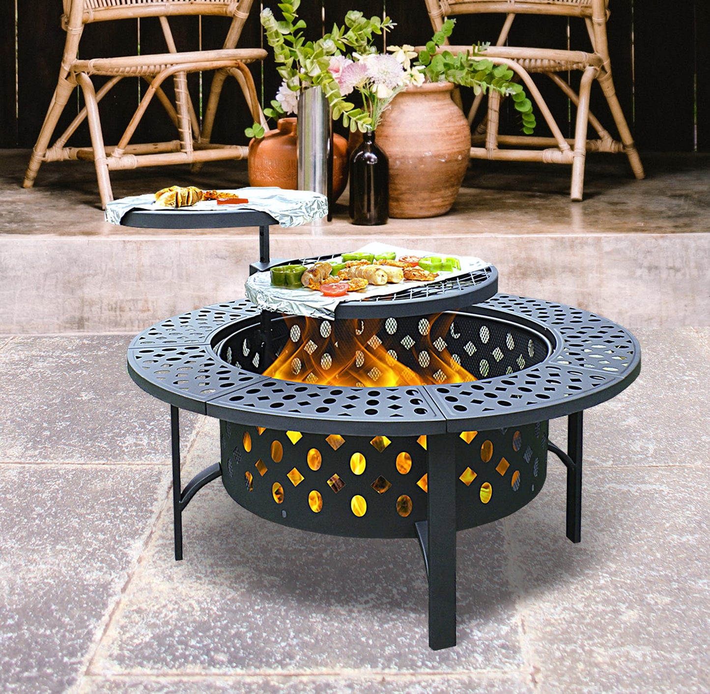 MistMo 36 inch Round Fire Pit for Outdoor Bonfire Multipurpose Wood Burning Metal Table for Patio