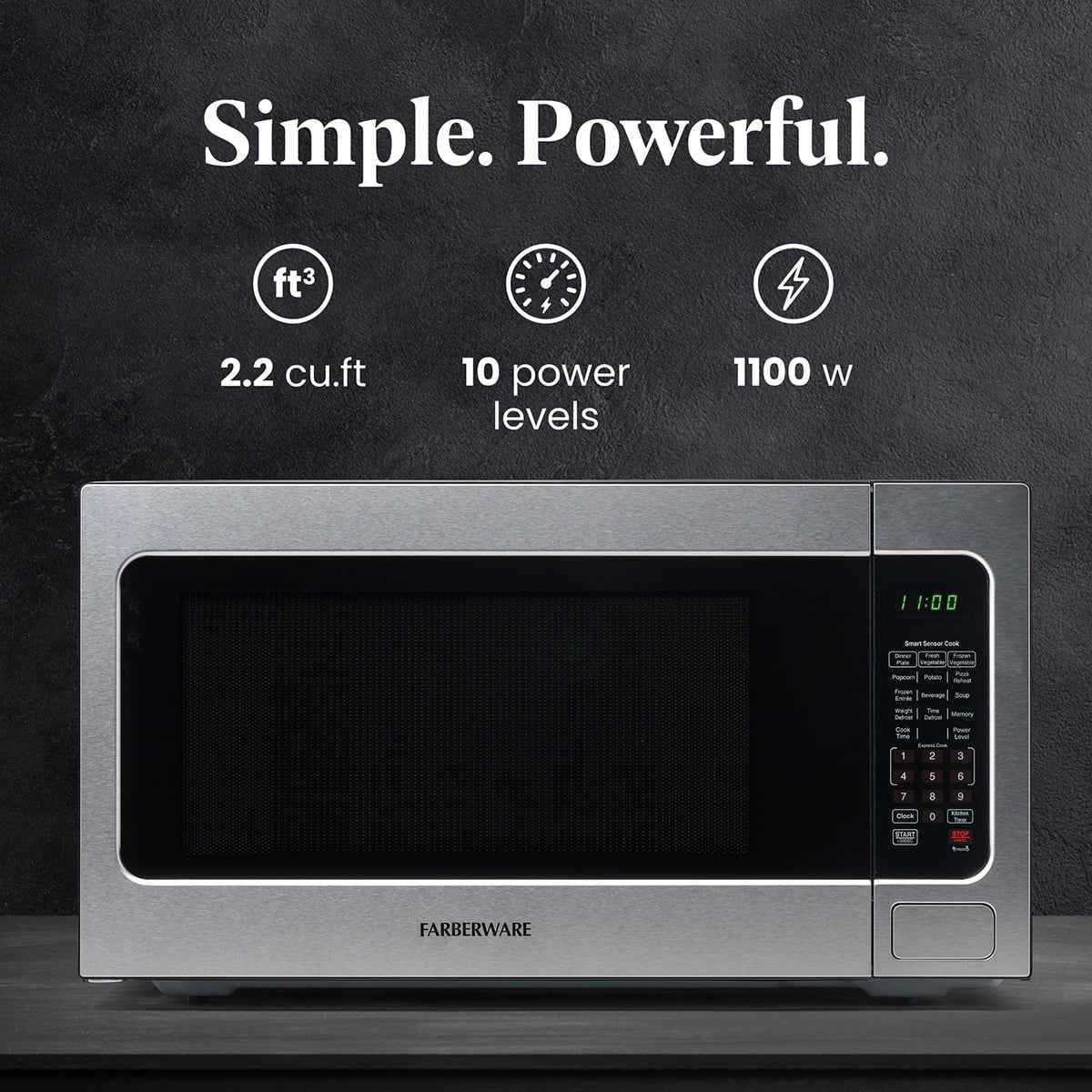 Farberware Countertop Microwave Ov 1100 Watts, 2.2 cu ft - Smart Sensor With LED Lighting and Child Lock - Perfect for Apartments and Dorms - Easy Clean Black Interior, Stainless Steel