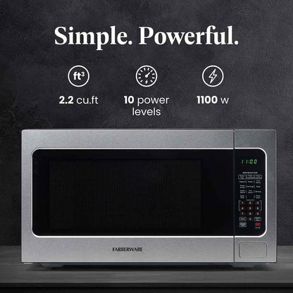 Farberware Countertop Microwave Ov 1100 Watts, 2.2 cu ft - Smart Sensor With LED Lighting and Child Lock - Perfect for Apartments and Dorms - Easy Clean Black Interior, Stainless Steel