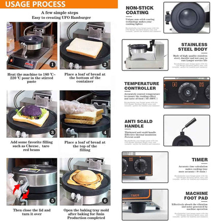 Ice Cream Burger Maker, UFO Burger Maker, Ice Cream Filling Waffle Maker, Hamburger Waffle Maker Sandwich Press, Non-stick Coating, for Household Or Commercial
