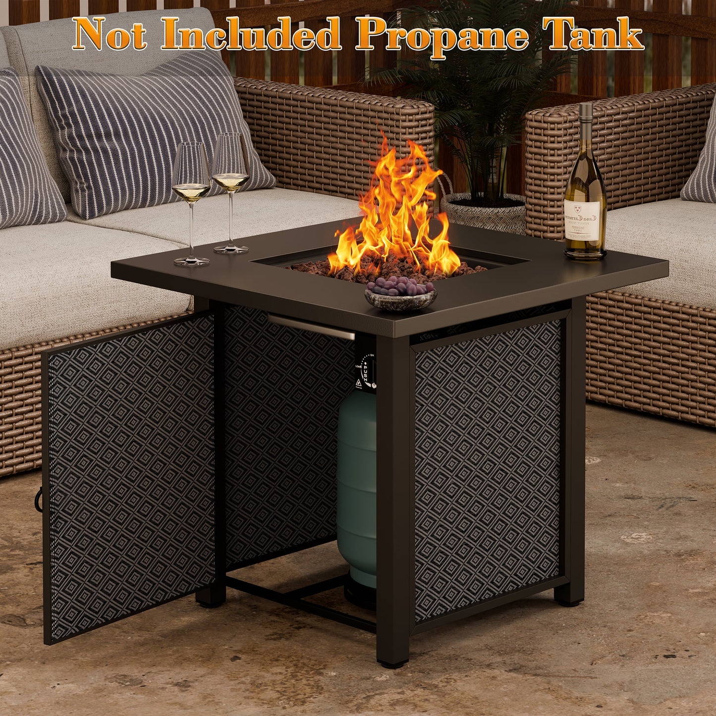 Walsunny 28" Propane Fire Pit Table Outdoor Gas Fire Pit with Lava Rocks 50,000 BTU Square Fire Table with Lid,Waterproof Cover