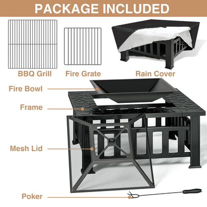 KingChii 32" Fire Pit Table Wood Burning Square Metal Firepit for Outdoor, Patio Backyard BBQ with Mesh Lid, Poker and Cover, Black
