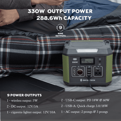 Swiss Tech 330W portable power station 288Wh solar generator for camping & emergency use