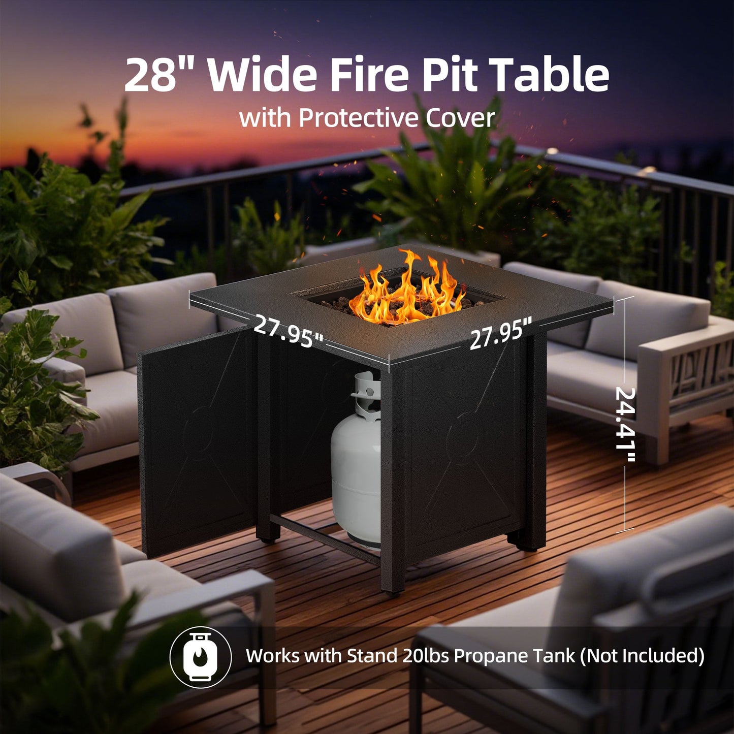 LHRIVER 28" Outdoor Propane Fire Pit Table, 40000 BTU  Steel Gas Fire Pit with Removable Lid, Lava Rocks & Rain Cover