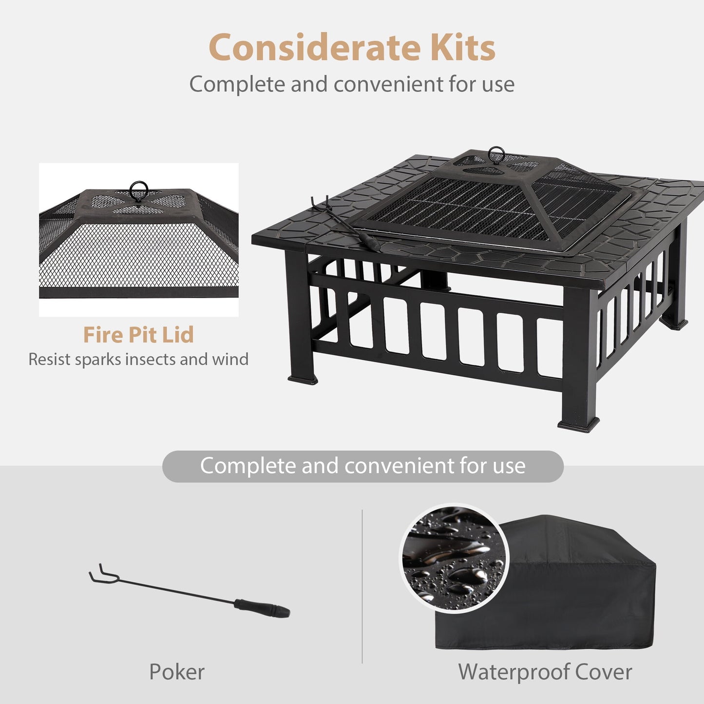HomGarden 32'' Portable Fire Pit Wood Burning Outdoor Fireplace W/BBQ Grill & Poker & Mesh Lid