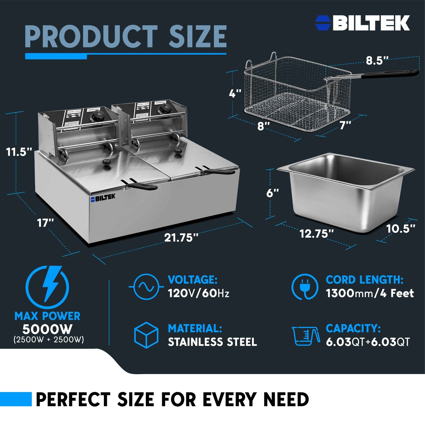 Biltek Double Deep Fryer with Baskets for Home Use and Small Business, Commercial Electric Deep Fryer, 2 x Large Removable Baskets, Outdoor Electric Fryer with Baskets Large, 110V 5000W, 20.7Qt/19.6L