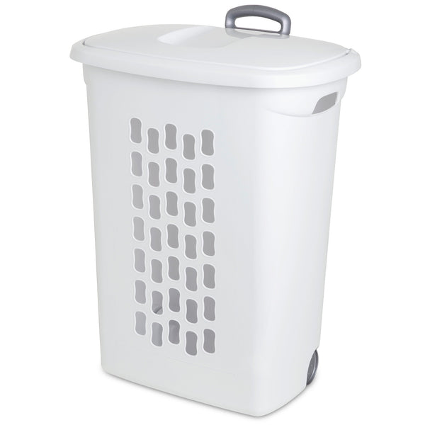 Sterilite Laundry Hamper Flip Top Lid Retractable Pull Handle Wheels, (3 Pack)