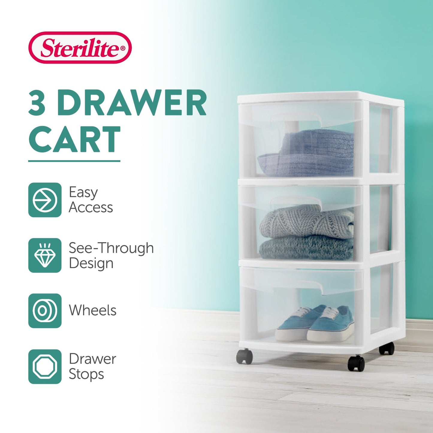 Sterilite 3 Drawer Storage Cart, Plastic Rolling Organizer with Wheels, 2 Pack