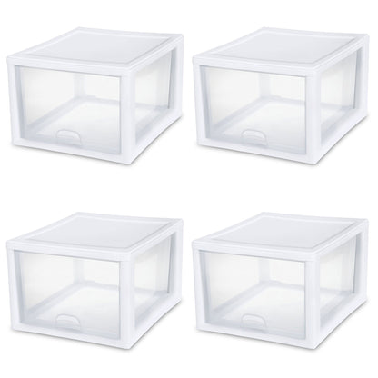 Sterilite 27 Quart Clear & White Plastic Storage Bin with One Drawer, 12 Pack