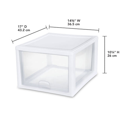 Sterilite 27 Quart Clear & White Plastic Storage Bin with One Drawer, 8 Pack
