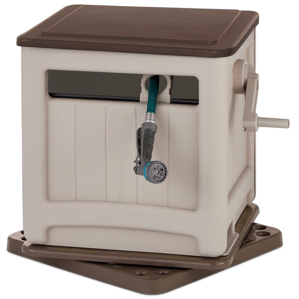 Suncast Swivel Smart Trak Hose Hideaway 225 Foot Hose Reel Storage Bin, Taupe