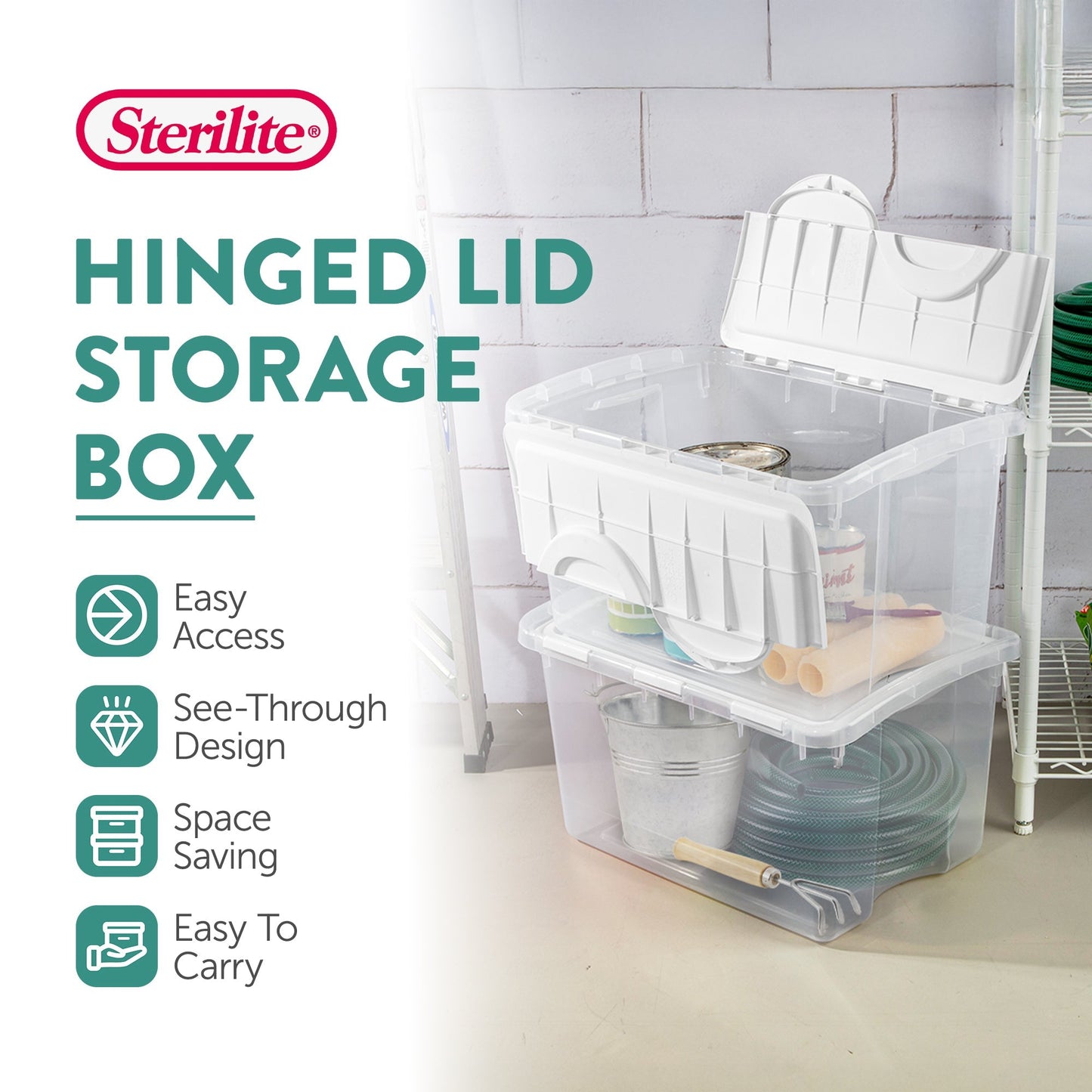Sterilite 48 Quart Hinged Lid Storage Box Plastic Stackable Bin with Lid, 6 Pack