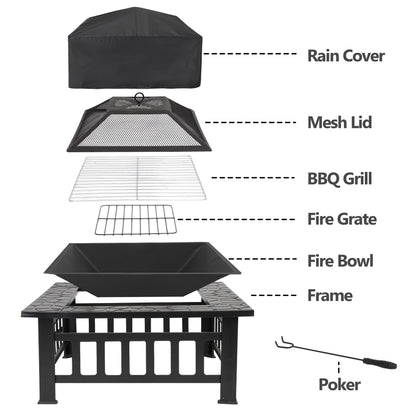 HomGarden 32'' Portable Fire Pit Wood Burning Outdoor Fireplace W/BBQ Grill & Poker & Mesh Lid
