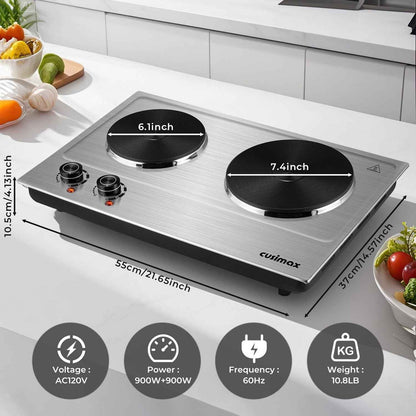 CUSIMAX 1800W Portable Double Burner Hot Plate – Stainless Steel Countertop Electric Cooktop with Dual Cast Iron Heating Plates, Easy-to-Clean Silver Design, Upgraded Version
