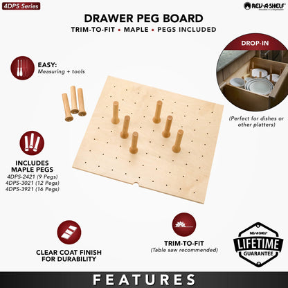 Rev-A-Shelf 30x21" Trimmable Pegboard Drawer Organizer with 12 Pegs, 4DPS-3021