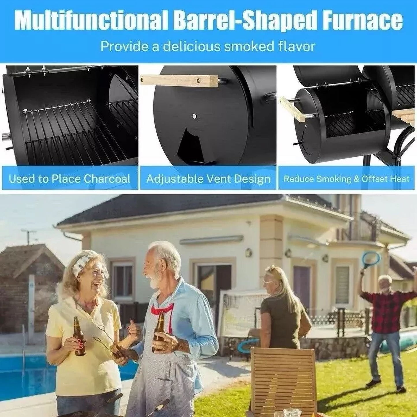 Bitiwend Charcoal Grill w/Smoker, Outdoor BBQ Grill with Side Table, Portable Offset Smoker W/2-zone Area