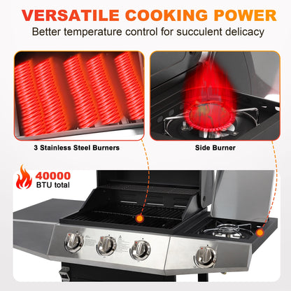 SEGMART 3 Burner Propane Gas Grill with Side Burner, Stainless Steel 40,000 BTU Outdoor Cooking BBQ Grill with Lid, Wheels, Shelves and Bottle Opener for Outdoor Cooking Picnic