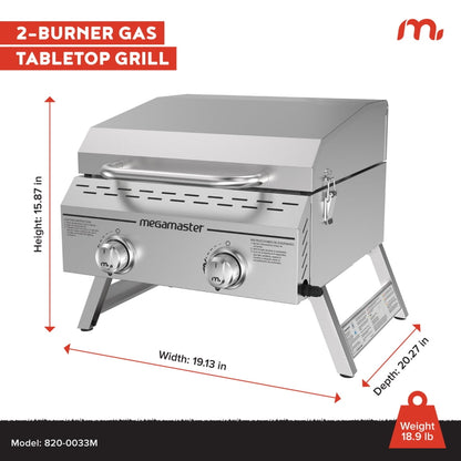 Megamaster 2-Burner Stainless Steel Portable Gas Grill with Built-In Lid, 16,000 BTUs, Foldable Legs, Small Propane Grill for Outdoor Cooking, Camping, BBQs, Patios, Tabletop, and Gardens - 820-0033M