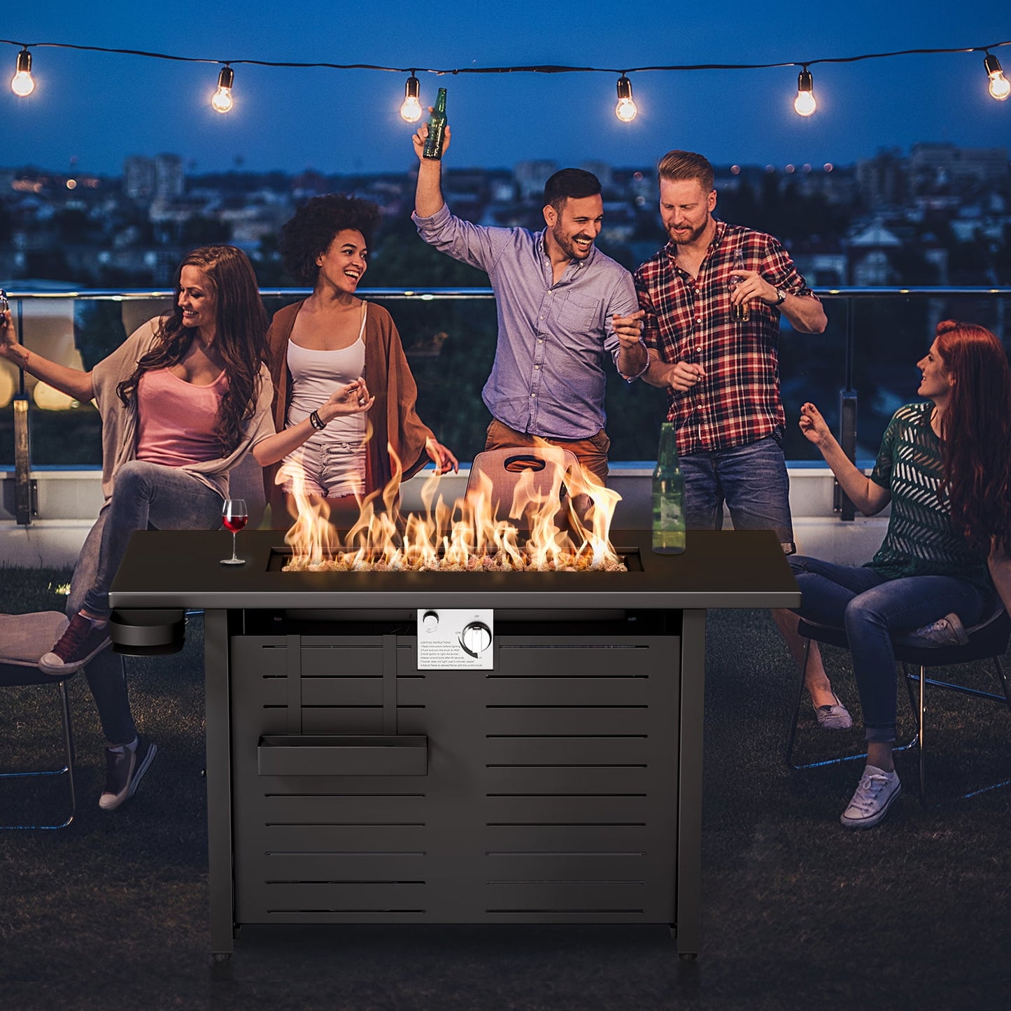 KingChii 45 inch Propane Fire Pit with Lid, Lava Stone, 60,000 BTU Steel Gas Fire Pit Table for Outdoor, Garden, Patio and Backyard, Black