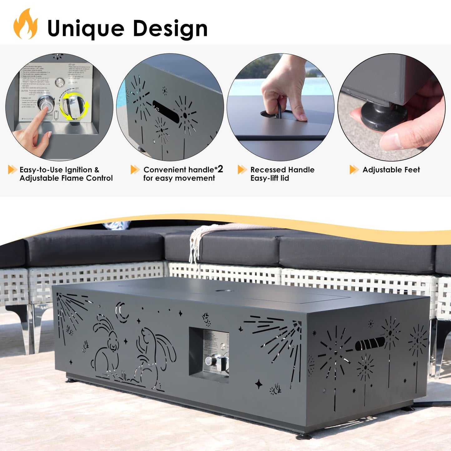 RADIATA 42" Rectangle Fire Pit Table, Dual-Fuel (Propane or Natural Gas), 50000 BTU,LED Rabbit Light, CSA Certified, Dark Gray