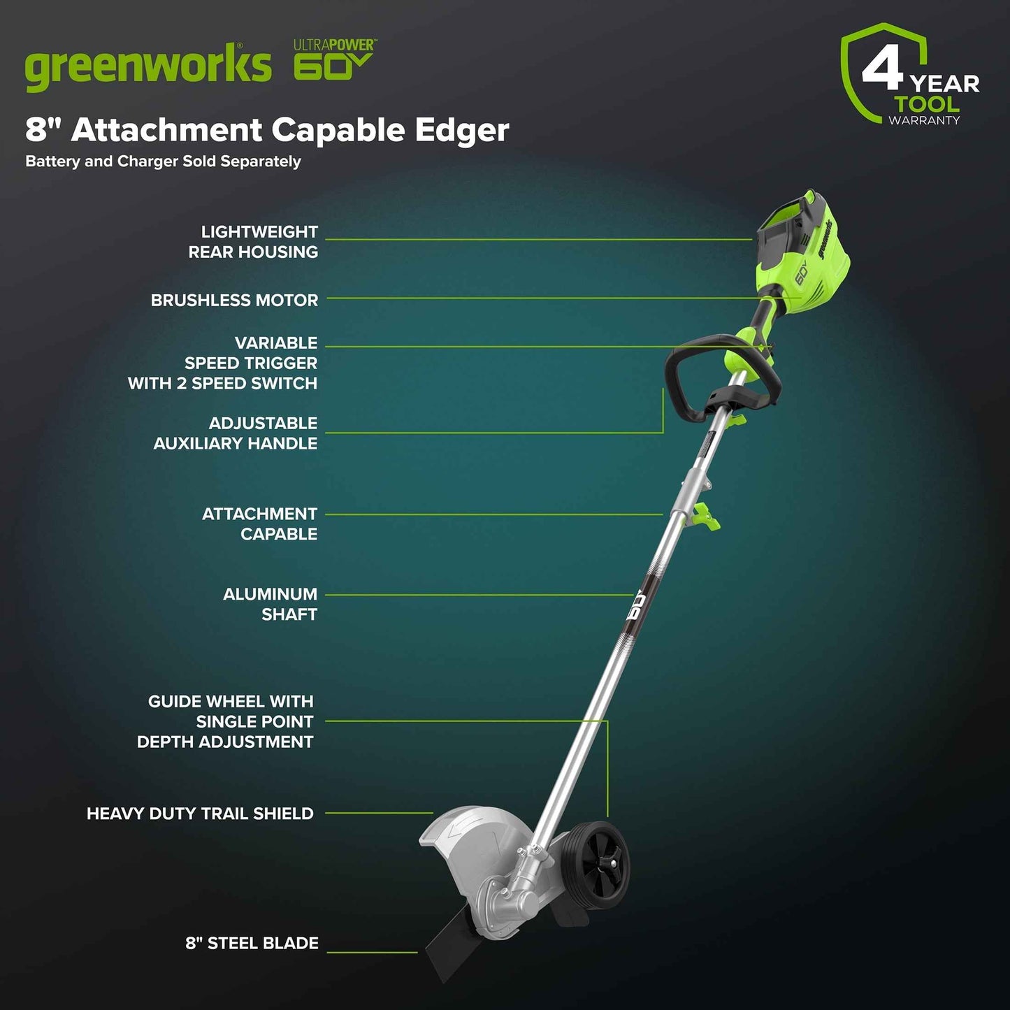 Greenworks 60V 8" Attachment Capable Edger, Tool Only, 2704002T